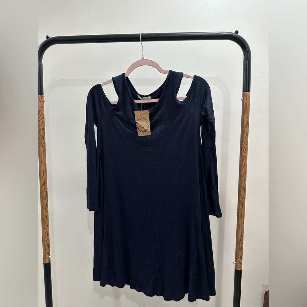 Navy Blue Long Sleeve Dress with Cutout Shoulders